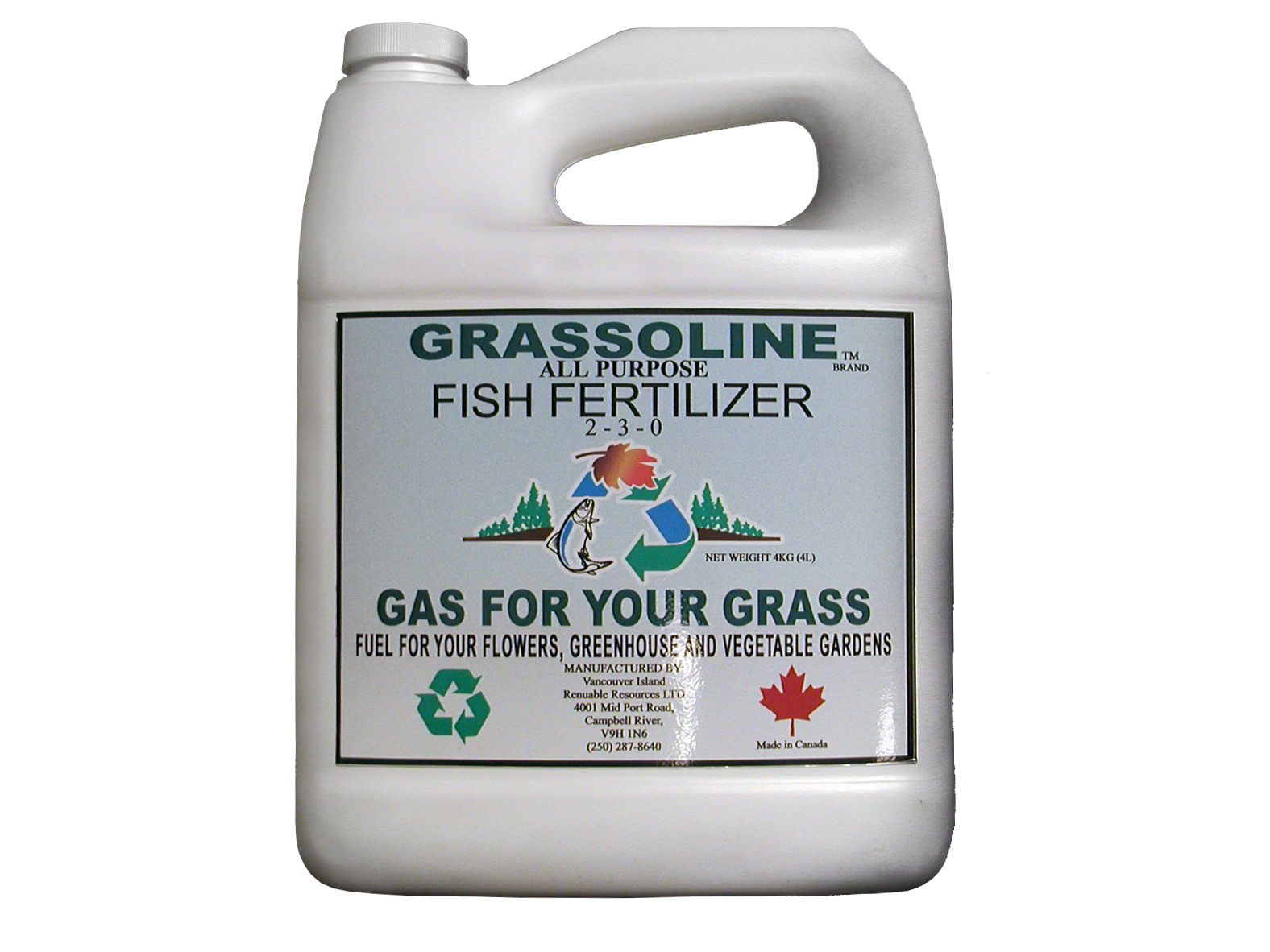 Grassoline Brand Liquid Fish Fertilizer 2-3-0 4 Litre, Renuable Resources